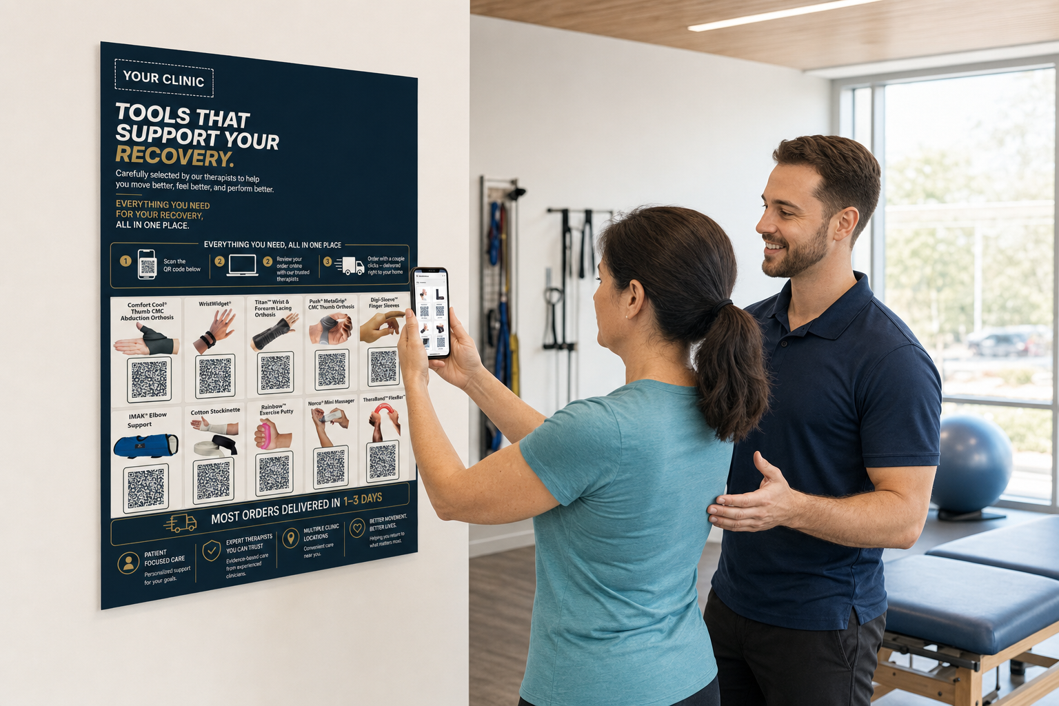 Patient scanning a customizable RxCart product poster with a therapist in a modern clinic